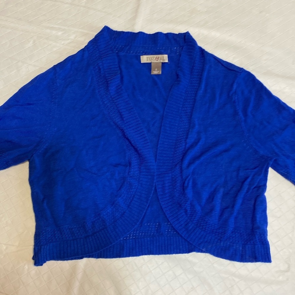 Roz & Ali knit royal blue bolero sweater short sleeve crop super soft ca…